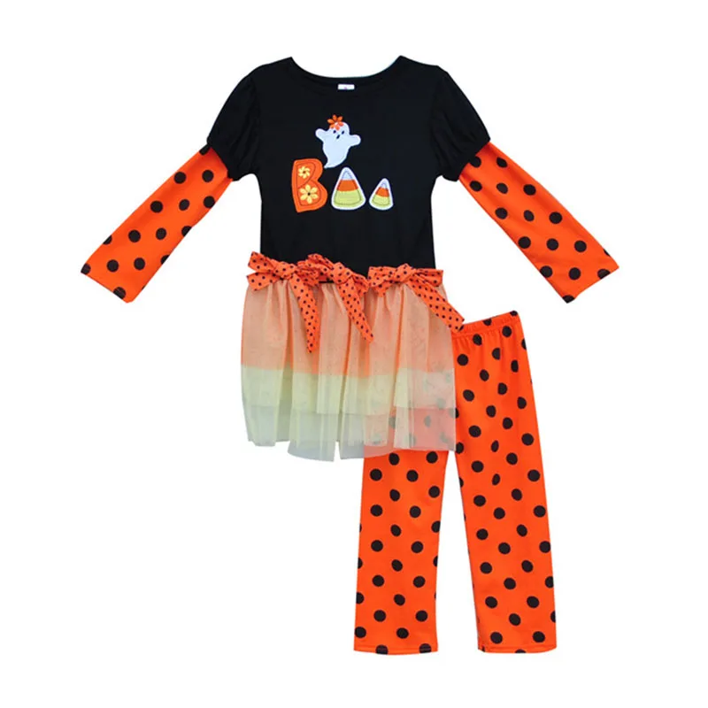 

Factory Selling Toddler Girl Clothing BOO embroidery Dress Polka Dots Legging Orange Halloween Kids Outfits Clothes H007