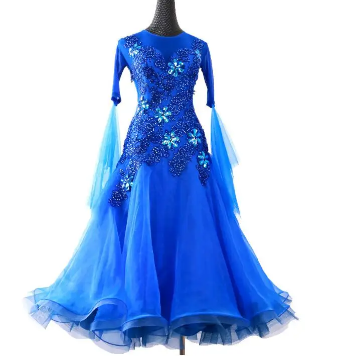 

NEW ballroom dance competition standard dress women, lycra standard ballroom dress Mesh Long Sleeve dresses royal blue
