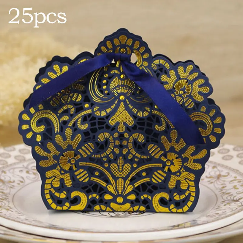 25 шт. резная пустотелая Золотая фольга коробка для торта и конфет свадебный подарок для свадьбы детский душ Подарочная коробка Упаковка вечерние принадлежности для мероприятий - Цвет: Насыщенный сапфировый