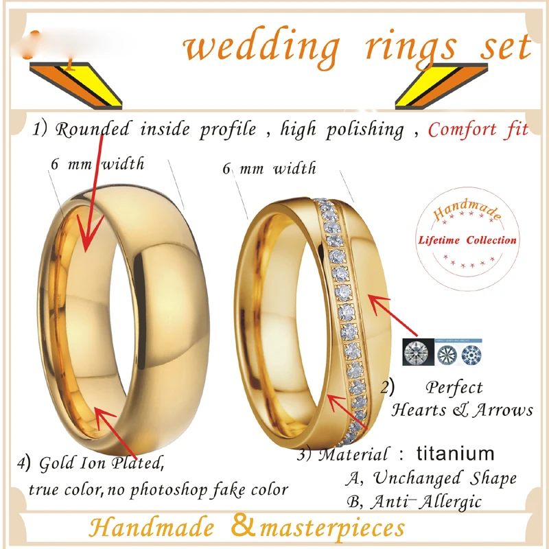 Gold Color Alliance Promise Mens Wedding Band Womens Couple Rings pair set aneis Anel de ouro Bague anillos  (5)