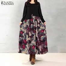 ZANZEA Для женщин Винтаж элегантное платье 2018 осень Повседневное свободные с длинными рукавами и принтом с хлопок белье Макси платье vestidos плюс Размеры