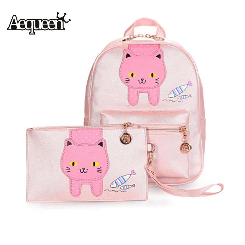 AEQUEEN Cute Cat Backpacks Pink Leather Womens Shoulder Bags For School