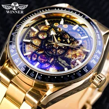 Winner часы классические черные золотые мужские механические Автоматические наручные часы лучший бренд Роскошные прозрачные часы браслет застежка