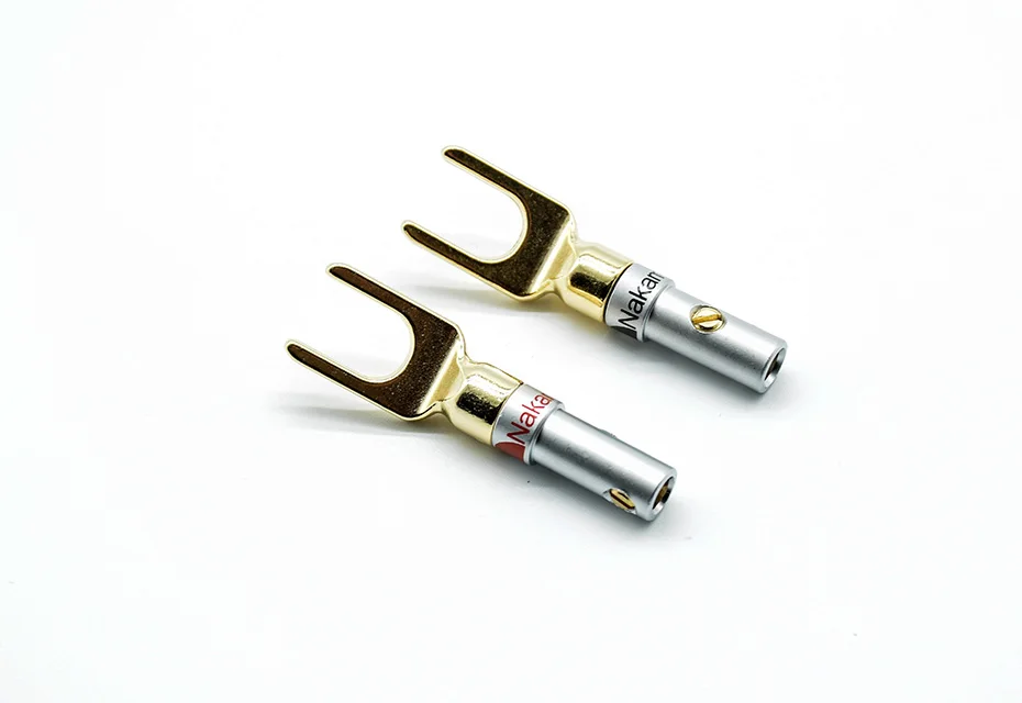 2pcs red+black Nakamichi Brass Gold plated and Silver Plated Y Spade Speaker Plugs Audio Screw Fork Connector Adapter