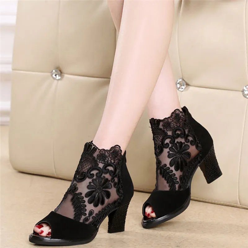 Rimocy summer ankle boots for women square high heels botines mujer lace shoes woman peep toe sandals embroider pumps femme