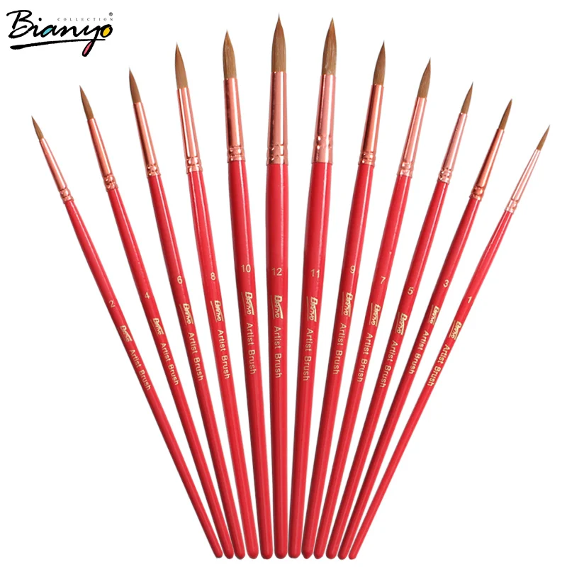 Kopen Bianyo 12 Stks set Aquarel Borstel Gouache Olieverf Penselen Set Ronde Hoofd Rood Hout Nylon Haar Schilderij Borstels Schoolbenodigdheden