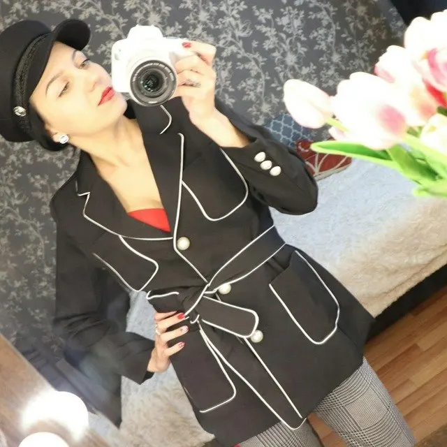 2017 New Slim Jacket All Match Korean Waistline Band Belt Elegant Leisure Office Lady Suit