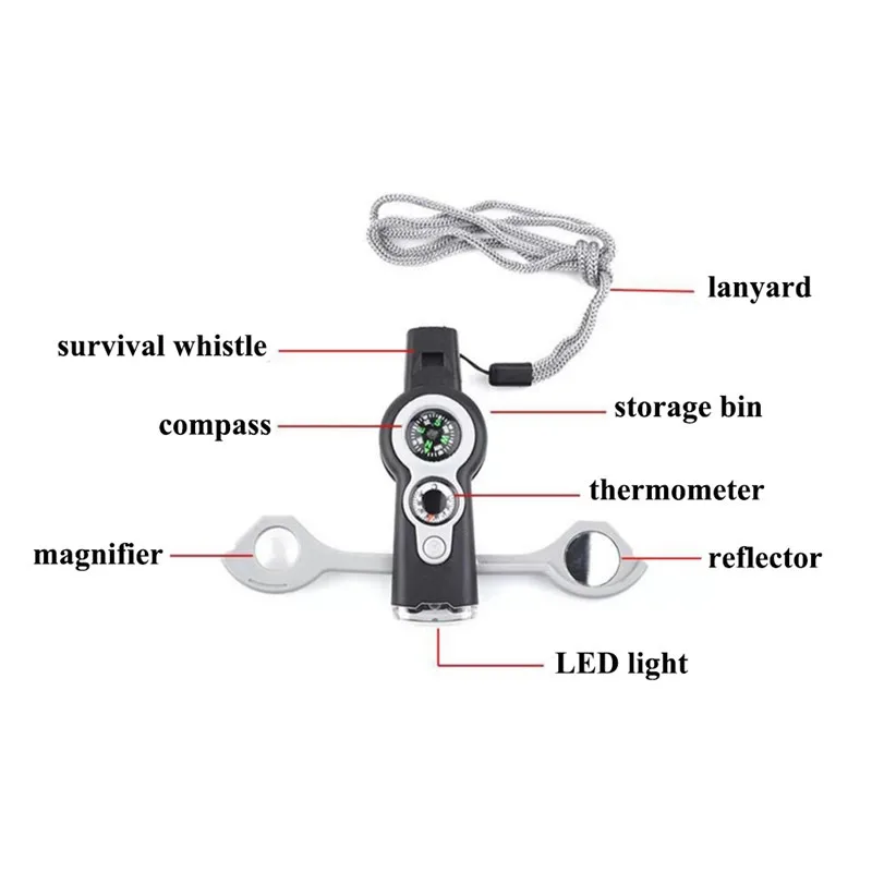 

7 in 1 Emergency Survival Whistle Outdoor Multifunctional Compass Thermometer Magnifier Versatile Lanyard Survival Kits Outdoor