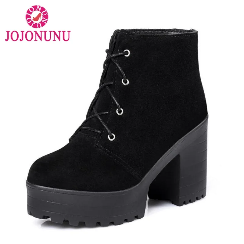 

FITWEE Women High Heel Boots Real Leather Winter Fur Warm Platform Ankle Boots Cross Strap Shoes Women Footwear Size 33-43