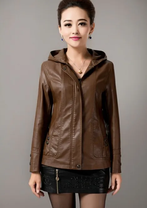 Женская куртка из искусственной кожи с длинным рукавом, модное кожаное пальто высокого качества, женская одежда из кожи с капюшоном размера плюс M-5XL, пальто - Цвет: brown