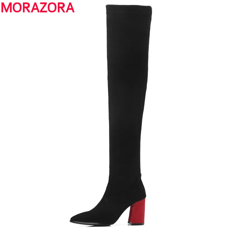 Najtaniej MORAZORA nowy 2019 Slim Over buty do kolan kobiety sztuczny zamsz zakolanówki buty Stretch buty zimowe moda damska długie botki