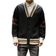 Осень зима длинный рукав кнопка v-образным вырезом свитер мужской полосатый Повседневный Кардиган трикотажные свитера Мужская одежда новое поступление