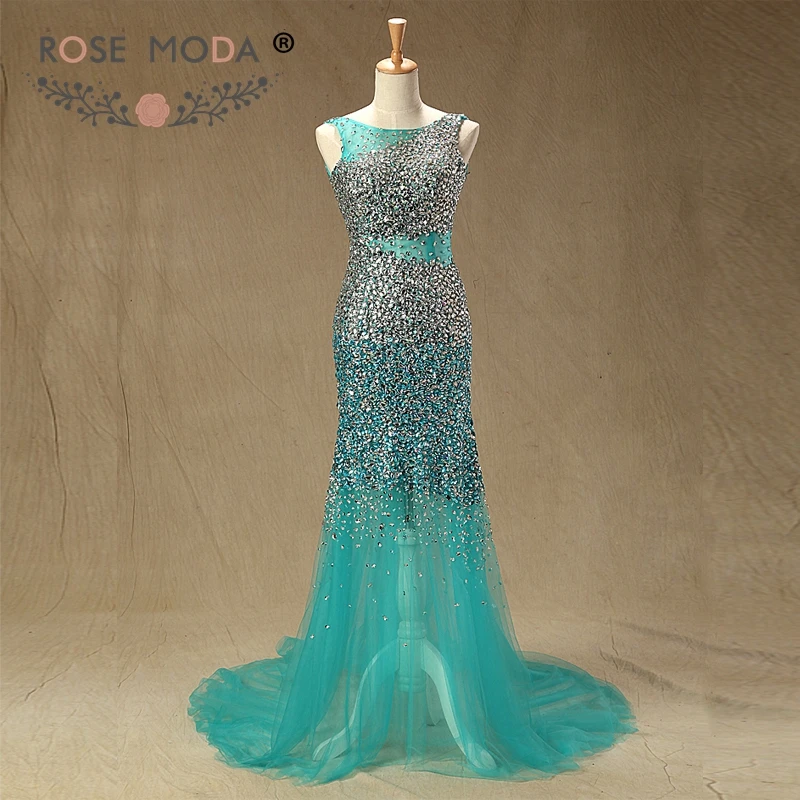 

Rose Moda Sparkly Fully Crystal Beaded Teal Prom Dress Reflective Dresses 2019