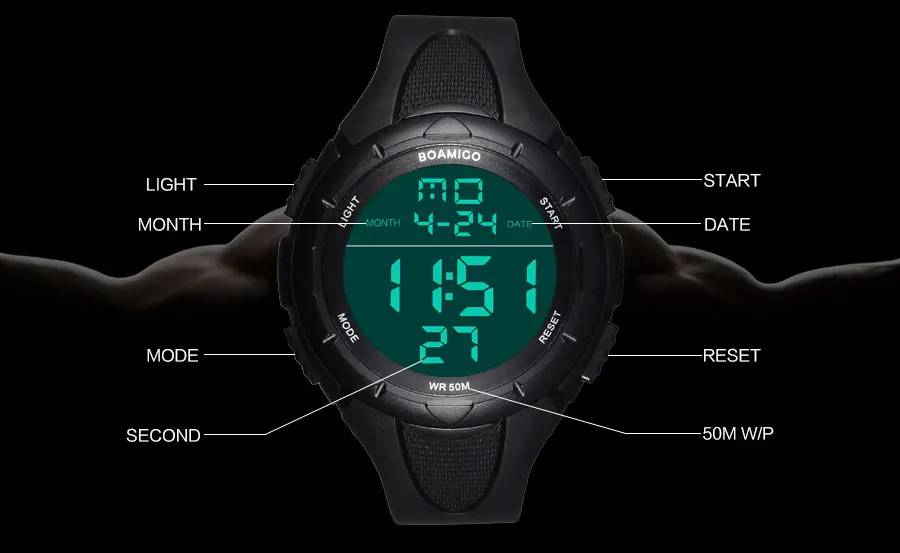 BOAMIGO Brand Men's Sports Watches Balck Military Waterproof Shockproof Digital LED Watch Casual Rubber Wristwatches Gift Clock (12)