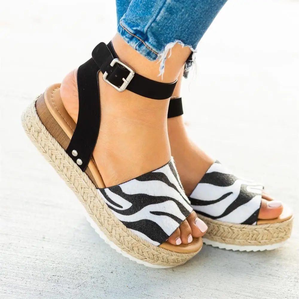 

SLHJC Women Sandals Braid Heel Flats Leopard Zebra Combo Open Toe Platform Plus Size Sandals Shoes Flat