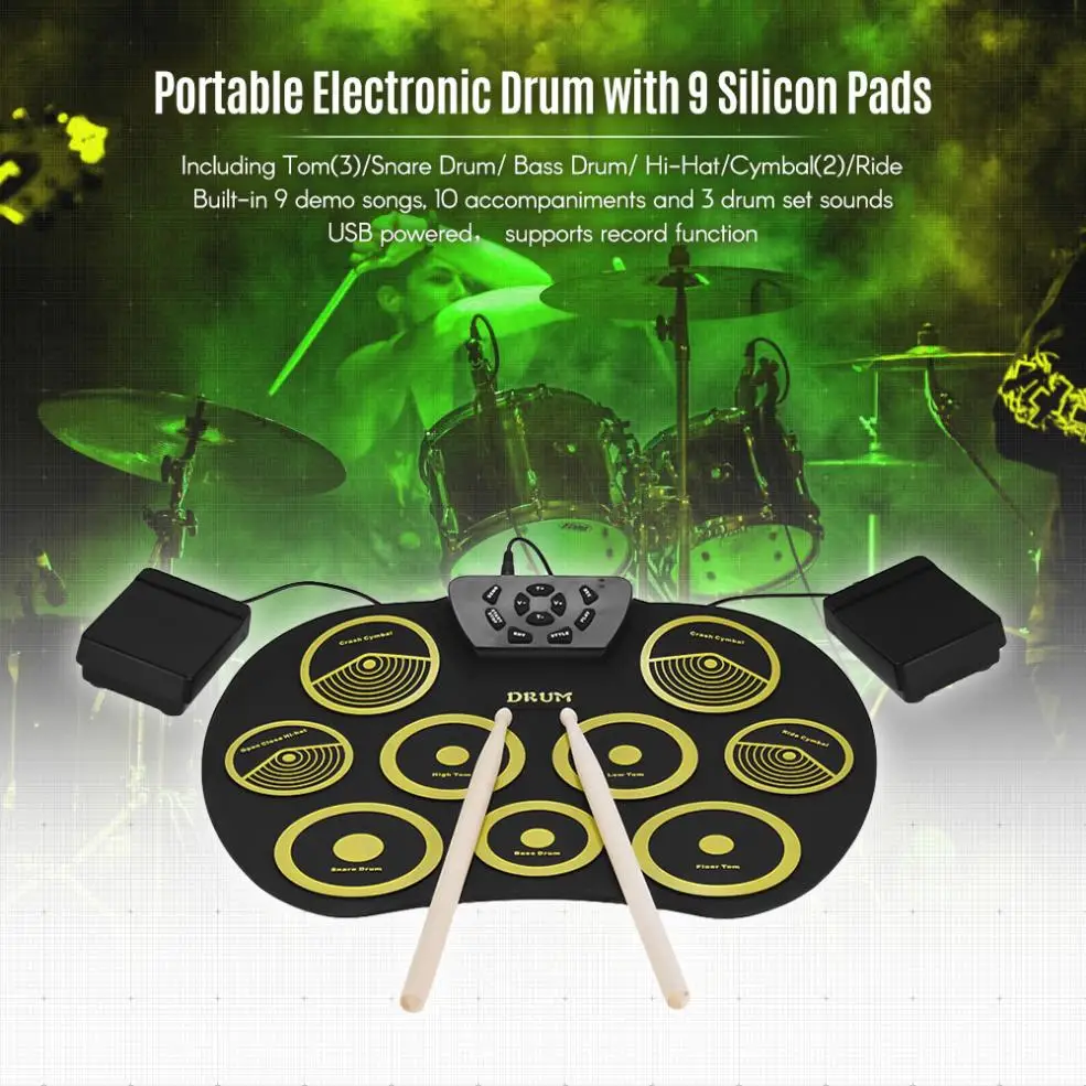 

Portable Electronic 9 Pads Roll Up Silicone Drum with Drumsticks and Sustain Pedal Children Students Practice Drum