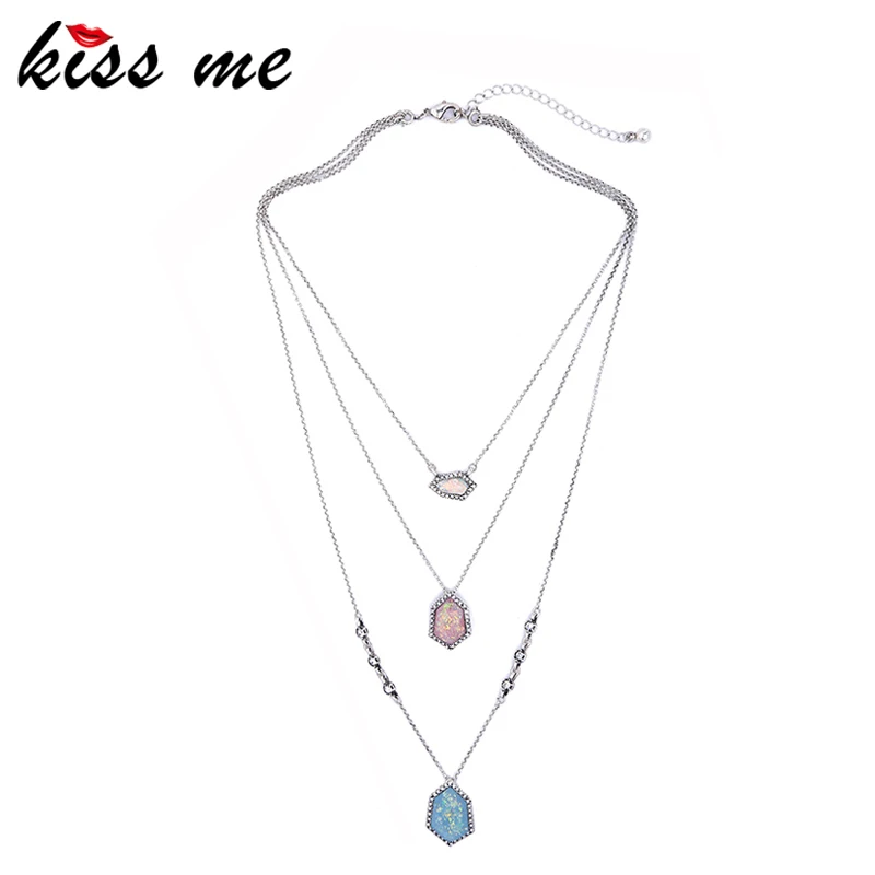 

KISS ME Brand Multi Layer Necklace Resin Rhinestone Geometric Pendant Necklace Fashion Jewelry Accessories