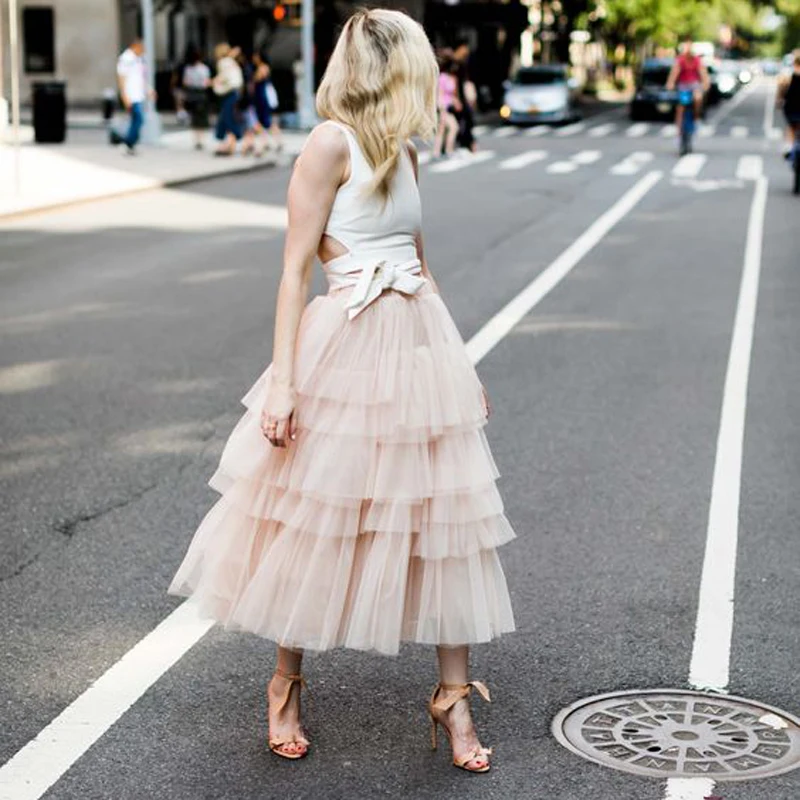 

Trendy Light Champagne Ruffles Tulle Skirts For Yong Lady With Bow Sash Custom Made Ankle Length Tiered Tulle Skirt Women