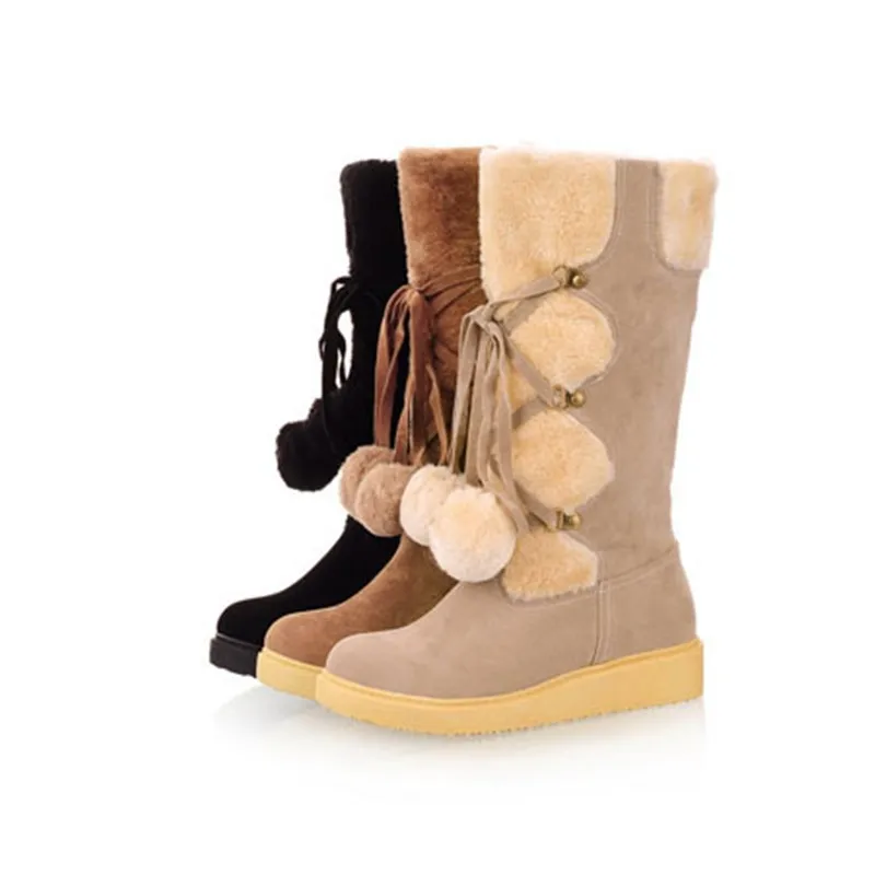 ENMAYLA/зимние ботинки на плоской подошве женские ботинки до середины икры на шнуровке с меховыми помпонами Женская осенне-зимняя теплая обувь из флока на меху для девочек Женская обувь большого размера
