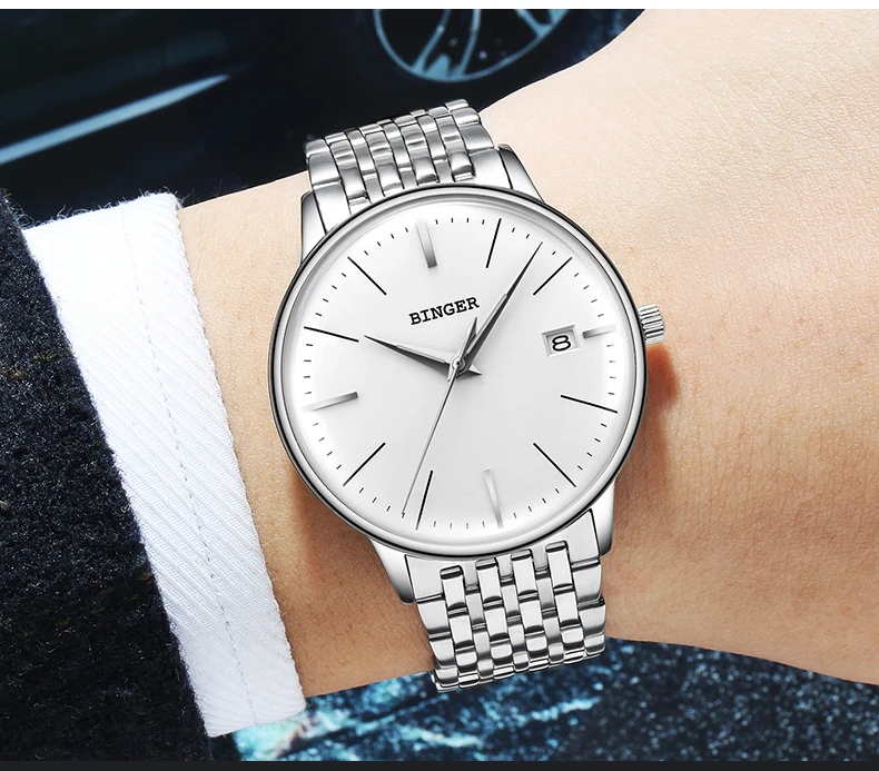 Лидирующий автоматические часы для мужчин Швейцария Бингер бизнес механические часы сапфир календари HD Световой Полный сталь Montre homme