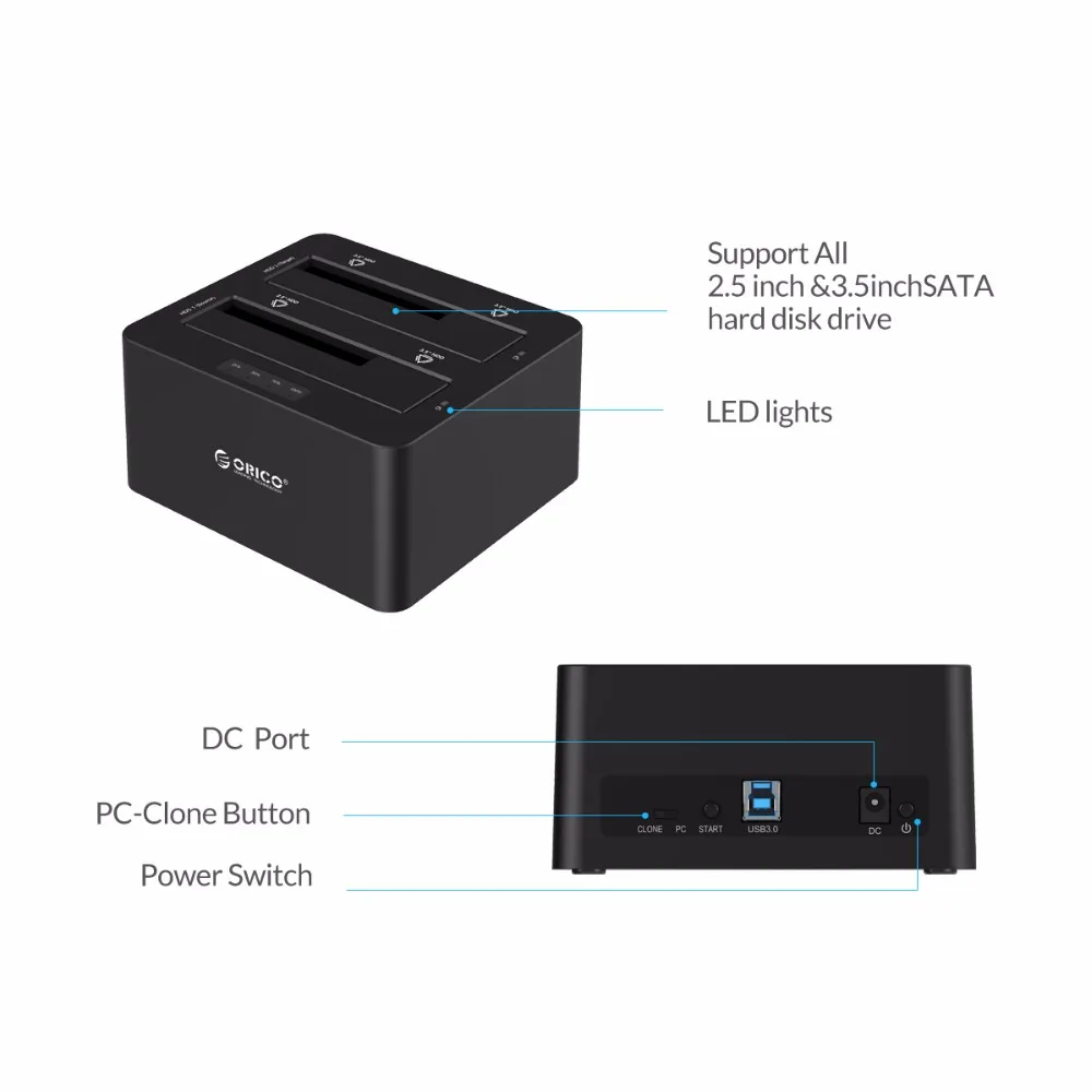 HDD Docking Station 2 Bay SATA to USB3.0 External with Clone Function 12V Power Adapter For 2.5"/3.5" HDD