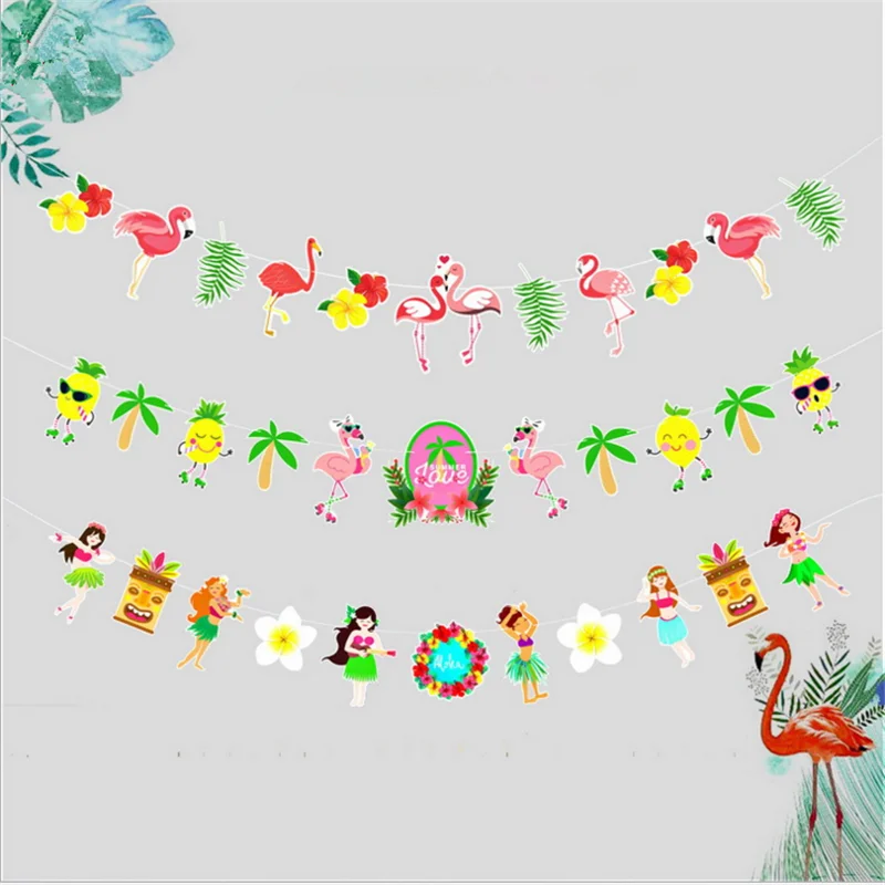 

1set Hawaiian Party Decorations Banner Flamingo Pineapple Flower Happy Birthday Bachelorette Party Summer Party Decor Garland, Q