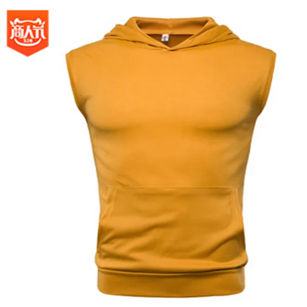 Мужская футболка без рукавов с капюшоном для тренажерного зала, спортивный жилет, топы, одежда для мужчин, однотонные хлопковые простые футболки, футболки, мужская одежда - Цвет: Цвет: желтый