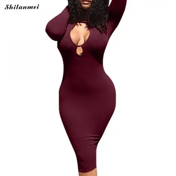 

Sexy hollow out women knitted dress spring autumn long sleeve office lady work dress Sexy slim Club Bandage Bodycon Dress solid