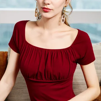 

Square collar carefully machine t-shirt female summer short-sleeved retro French elegant pleated female design top