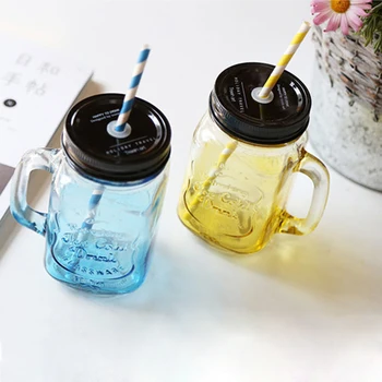 

Creative Mason Jar with gradient color High Quality Crystal Glass Bottle with Lid and straw Durable Milk Coffee Beer Mug Gift
