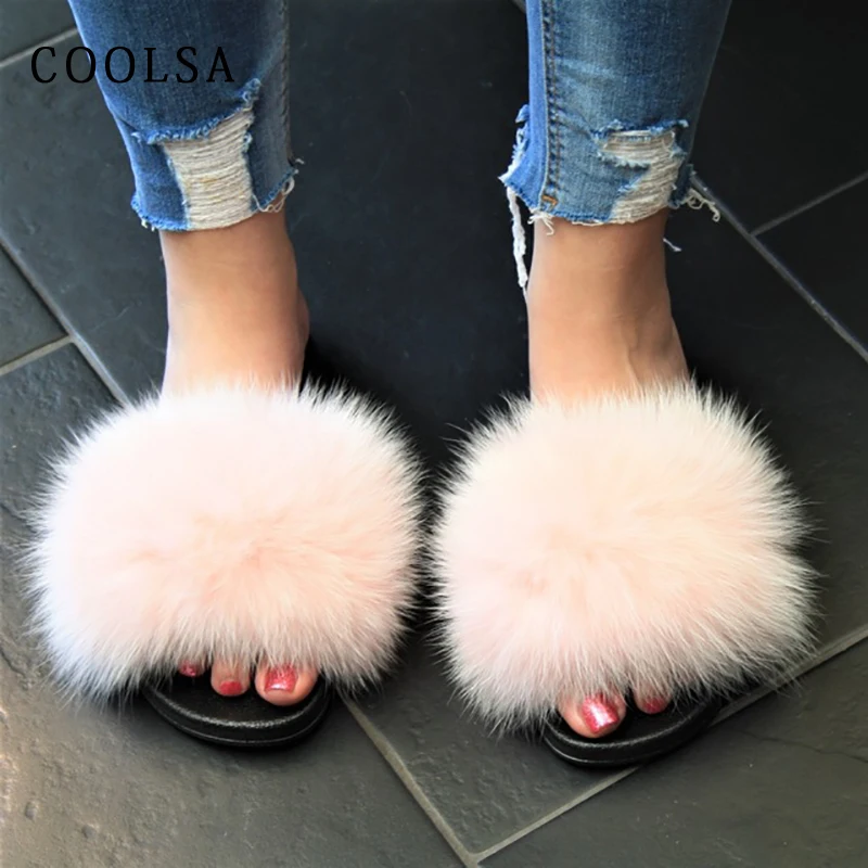 Coolsa новый летний Для женщин лиса Мех животных Шлёпанцы для пушистый