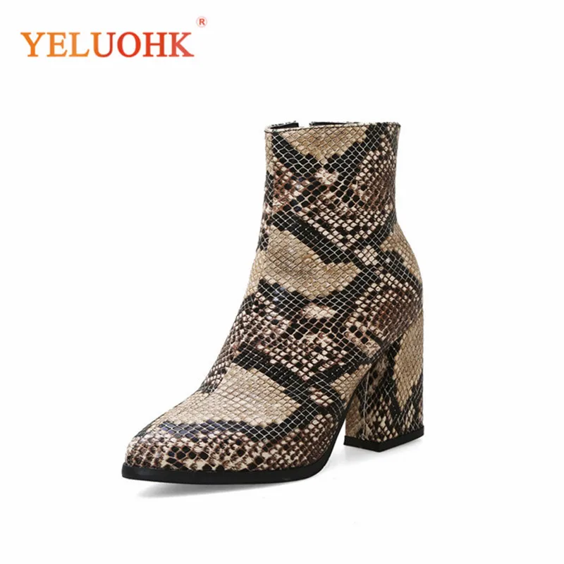 

32-43 Women Winter High Boots Fashion Snake Print Style For Fur Ankle Boots Pointed Toe High Heel Women Shoes