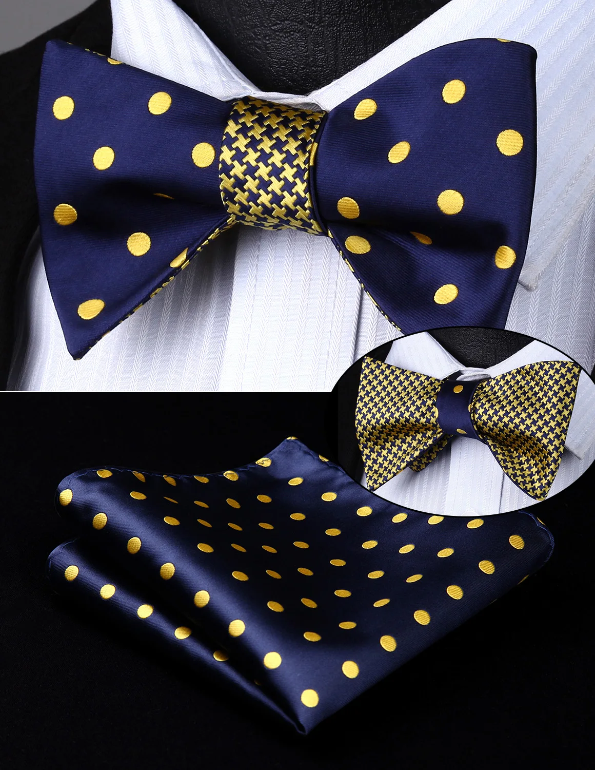 

BE04YS Blue Dot Geometric Double Side Bowtie Men Silk Self Bow Tie hanky set Pocket Square Classic Party Wedding