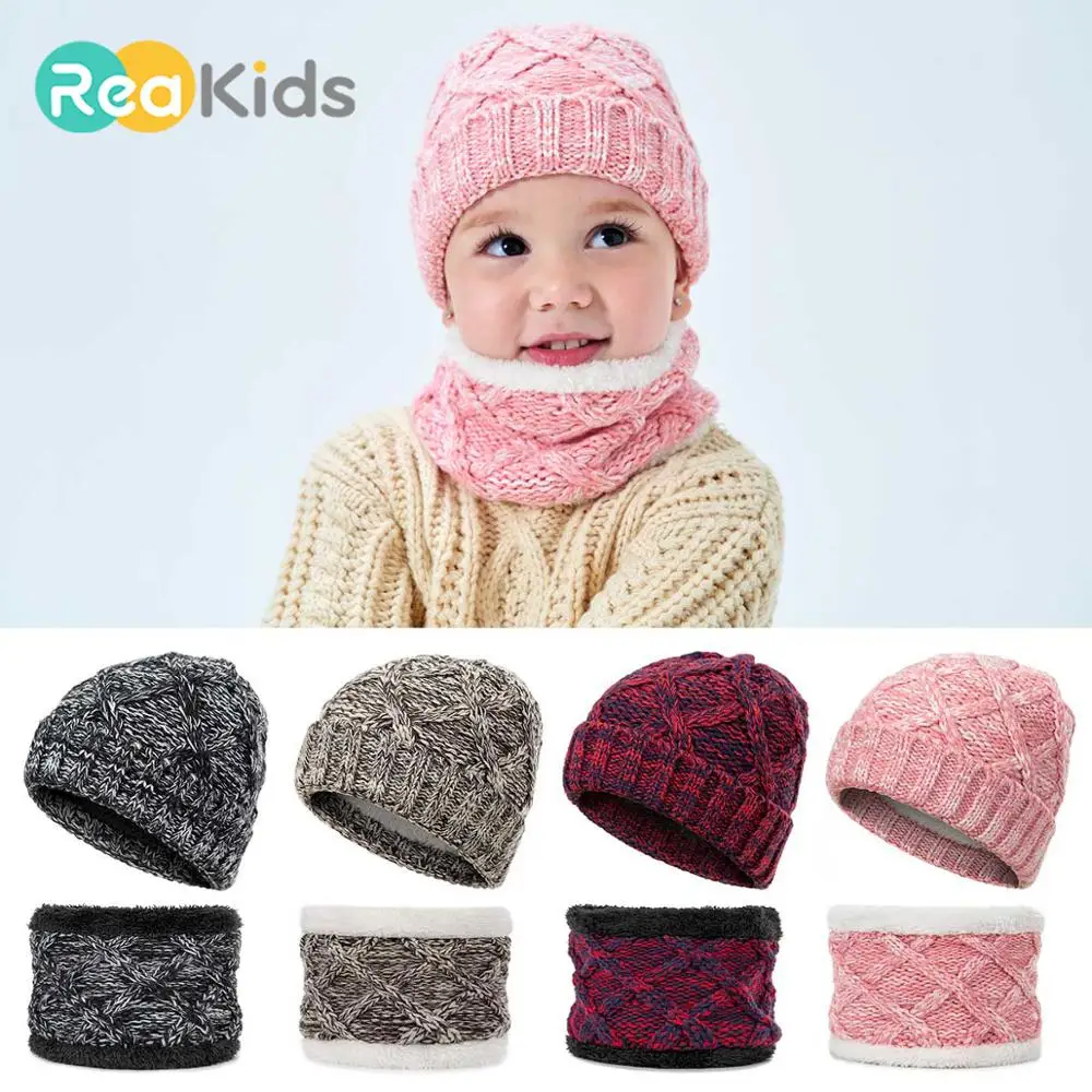 REAKIDS Милая зимняя Толстая детская шапка шарф теплый костюм Детская шляпа кепки наборы шарфов детская вязаная шапочка из хлопка для мальчиков и девочек