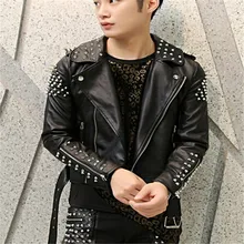 Мужская кожаная куртка с заклепками, мужские тонкие кожаные костюмы для ночного клуба, пальто в стиле панк