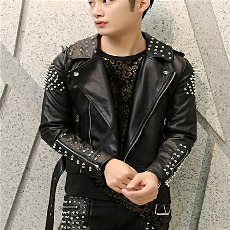 

2019 men rivet leather jacket Men's Slim nightclub personality tide leather costumes hairstylist punk coat