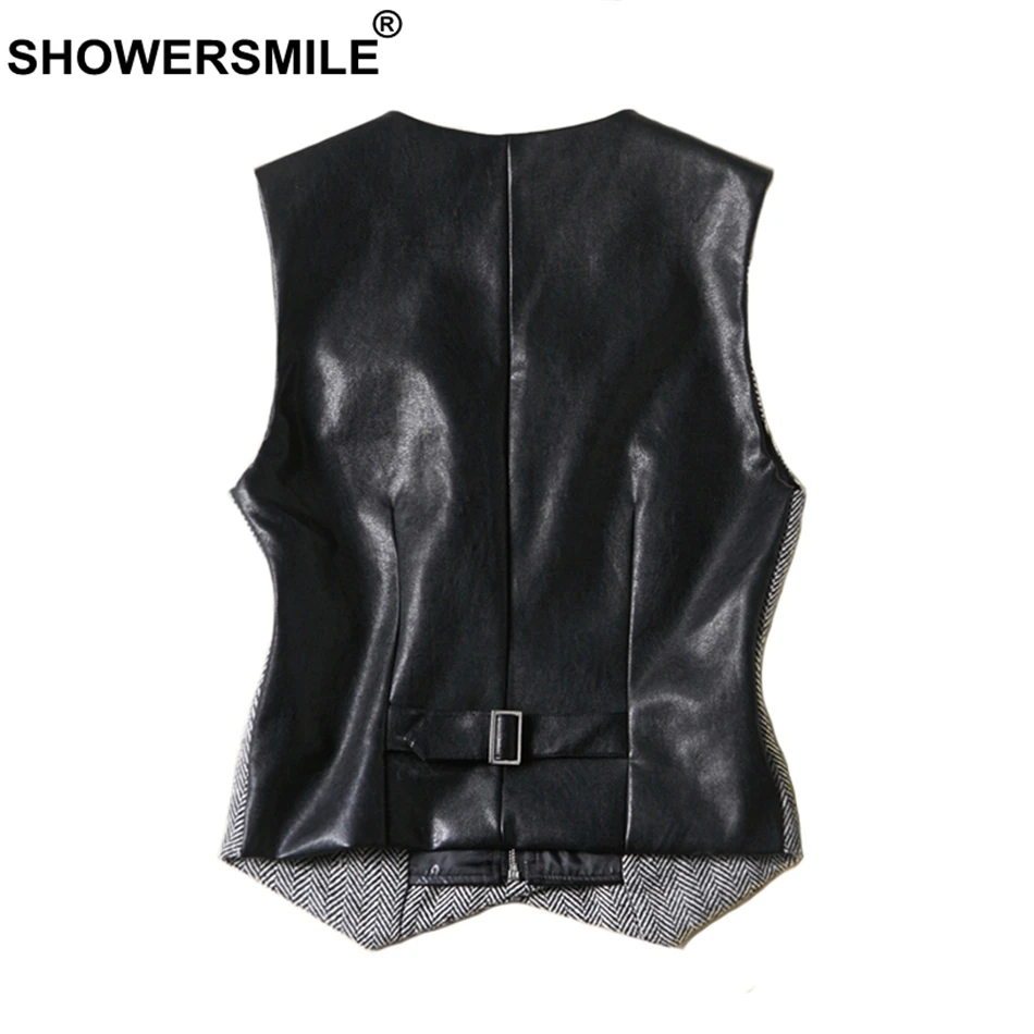 SHOWERSMILE Women Herringbone Vest Double Breasted Waistcoat Back Faux Leather Patchwork Sleeveless Blazer British Female Gilet