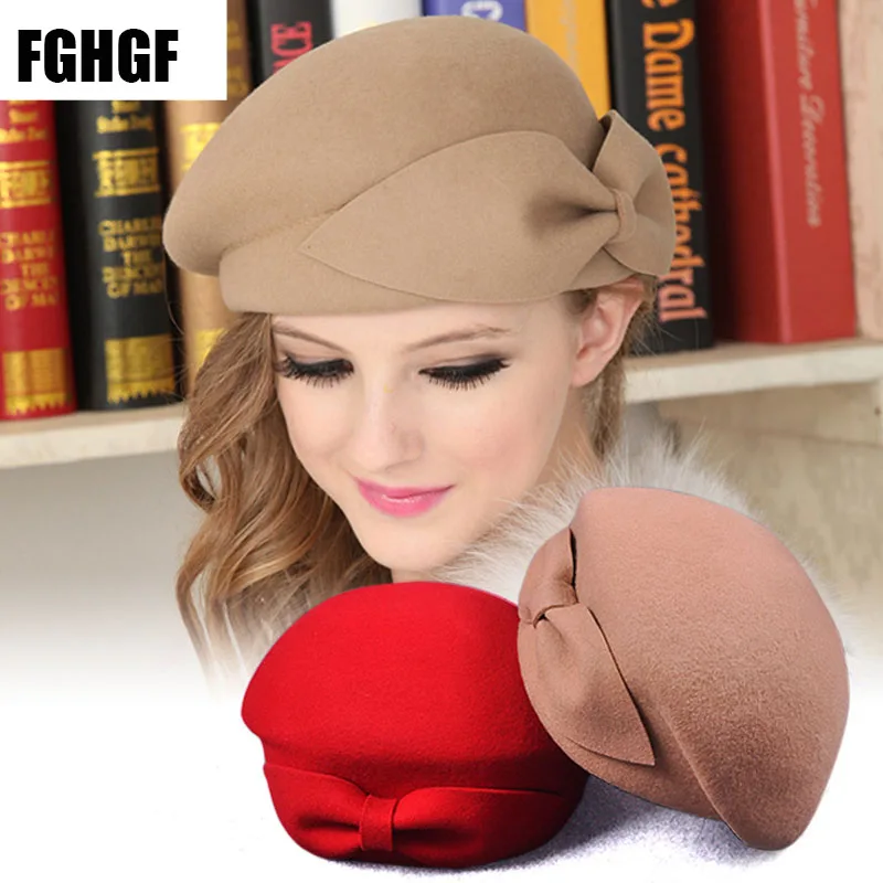 

FGHGF Winter Beret Beanies Hat Women's Wool Hat Fashion Female Beret Cap French Trilby Soft Pillbox Hat Dress Hat