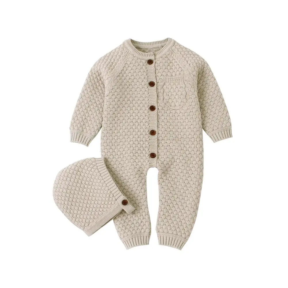 Baby Unisex Clothes Long Sleeve Rompers+ Hats for Newborn Boys Girls Outfits 2pcs Toddler Kids One Piece Jumpsuit 0-18M Sweater