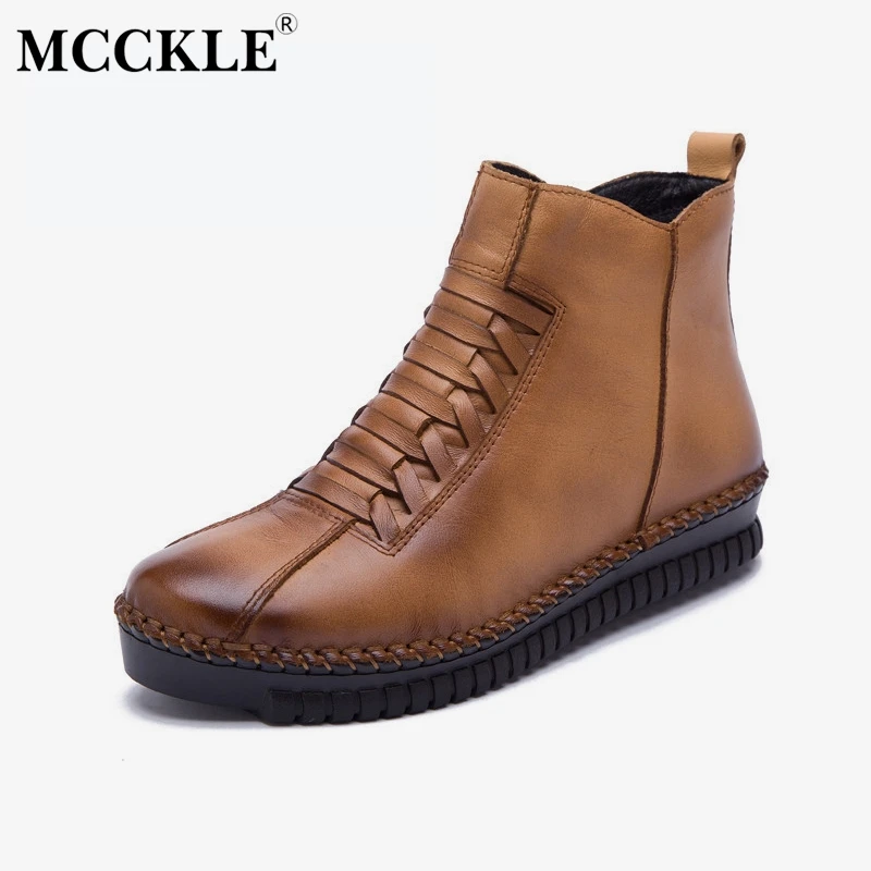 

MCCKLE Women Plus Size Ankle Boots Autumn Platform Short Boot Zipper Casual Flat Shoes Anti Skid Footwear Genuine Leather Botas