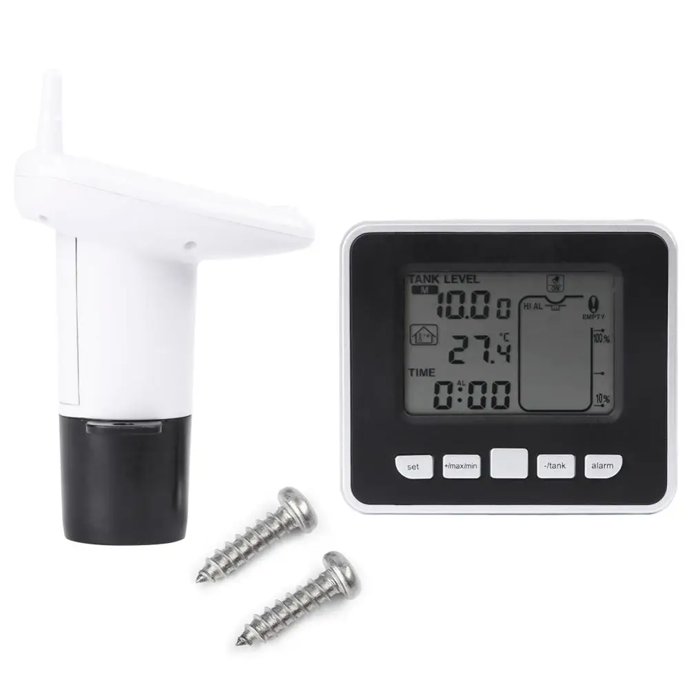 

Ultrasonic Water Tank Liquid Depth Level Meter Sensor with Temperature Display Time Alarm Transmitter Screws Measuring Tools