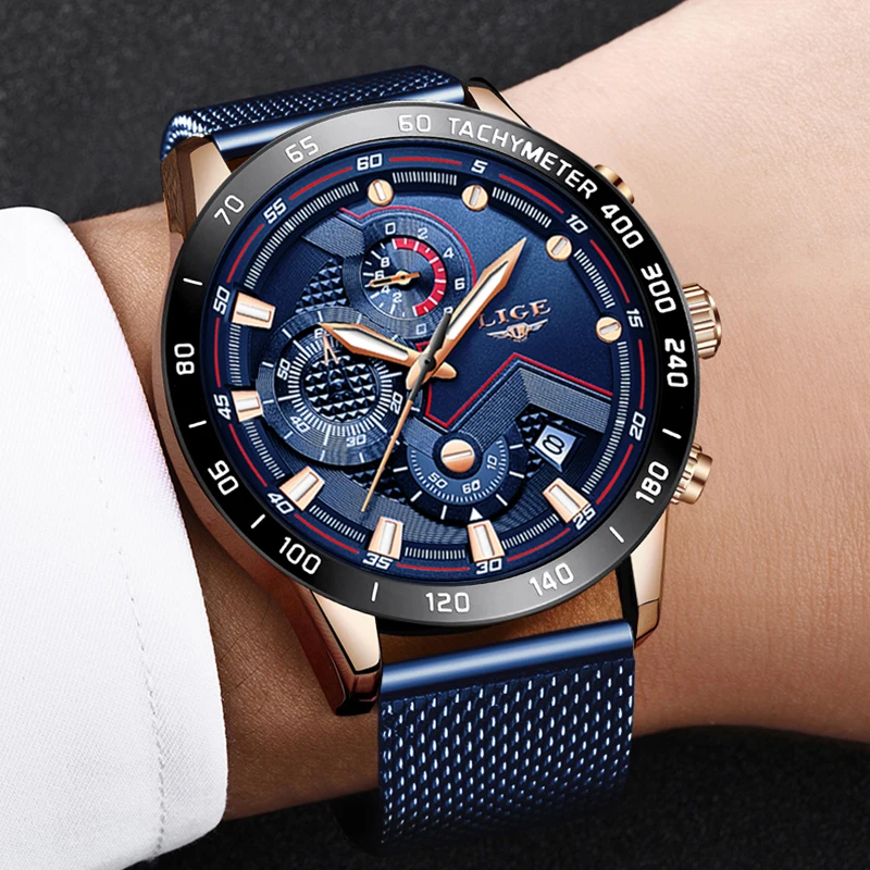LIGE Top Brand Men's Fashion Watches Men Sport Waterproof Stainless Steel Mesh Belt Quartz Clock WristWatches Relogio Masculino