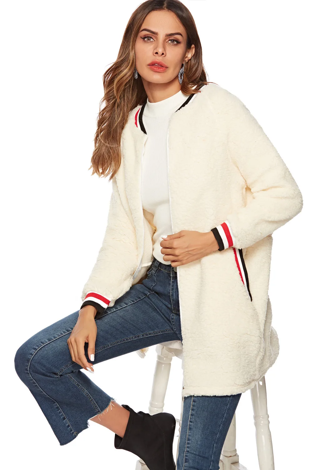 

2019 Autumn Winter Popular Women Clothing Outwear Zipper Patchwork Ribbed Sleeve Casual Coat Beige Color S-XL