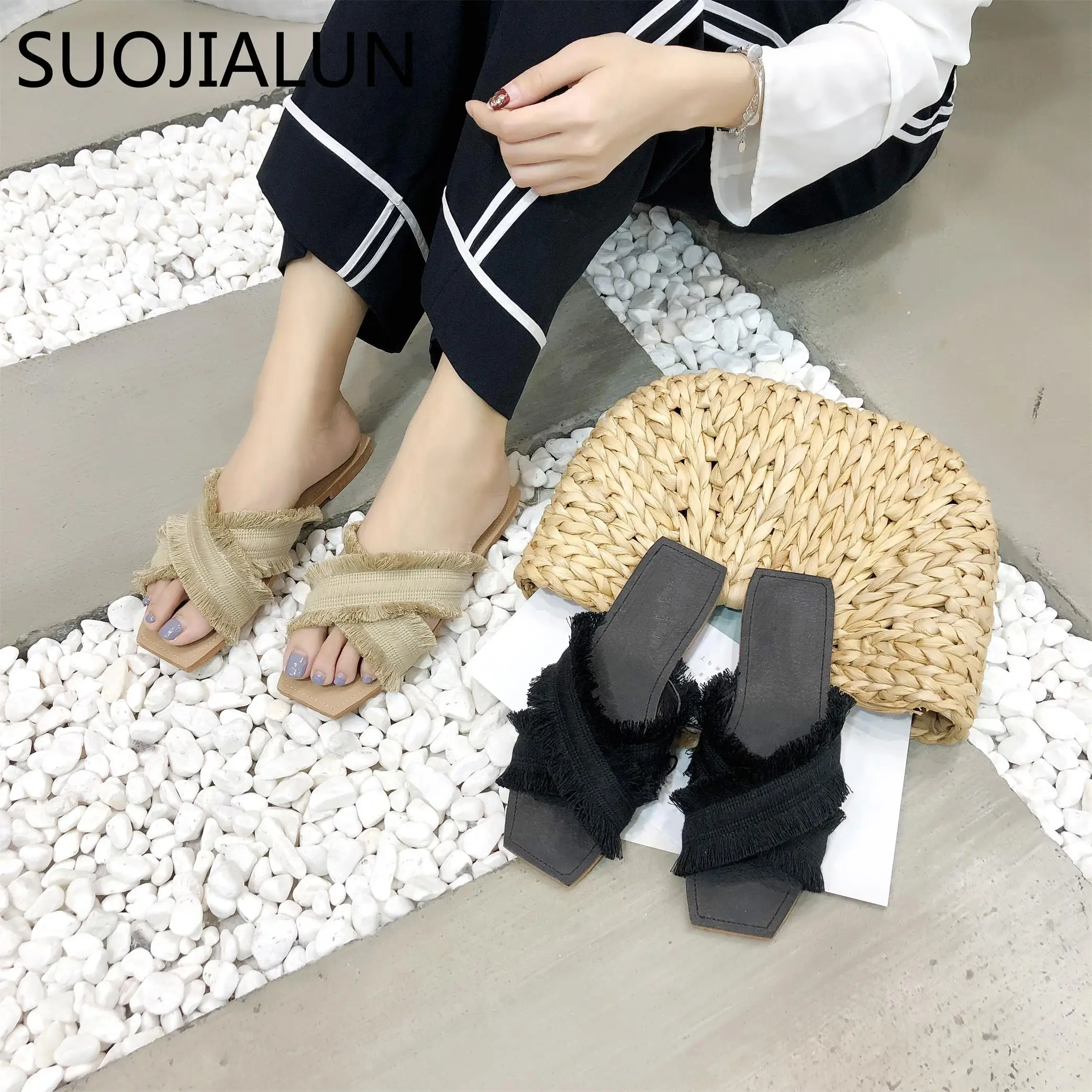 

SUOJIALUN 2019 Women Summer Slippers tassel Flip Flops Slides Flat Outside Cozy Ladies Shoes Slip On Sandals