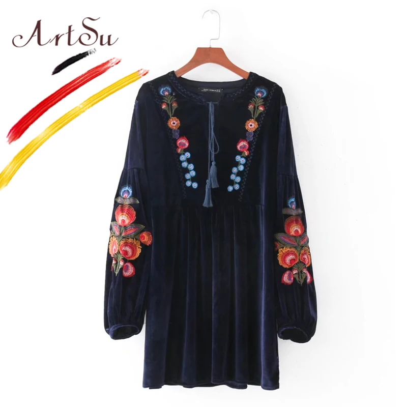 

ArtSu Vintage Women Velvet Dress Boho Flower Embroidery Loose Mini Dresses Winter Tie Neck Long Latern Sleeve Vestidos ASDR20415