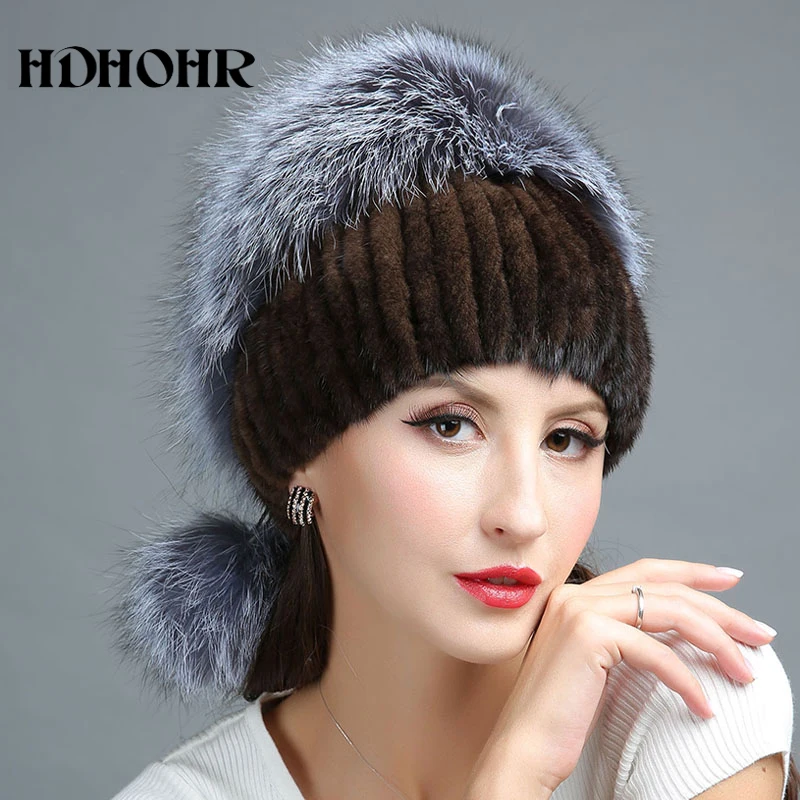HDHOHR 2020 модная зимняя шапка из натурального меха женская норки вязаные шапочки