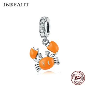 

INBEAUT 100% 925 Sterling Silver Cute CZ Orange Crab Charms White Zircon Marine Organism Beadss fit Pandora Bracelet diy Jewelry