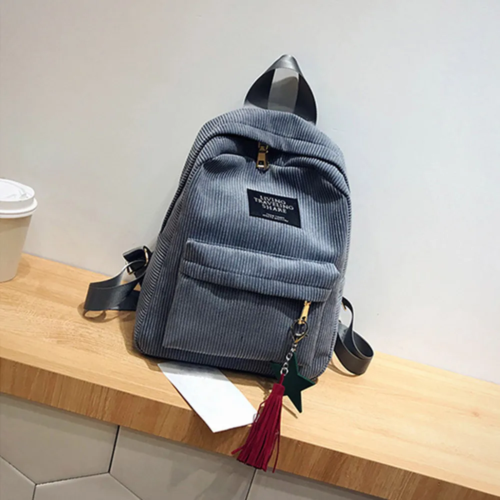  HTNBO Women Backpacks School Soulder Bag With Tassel Corduroy Backpack Female Notebook Bags For Gir - 32957769958