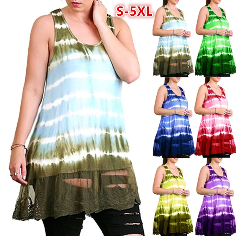 Summer Women Fashion Lace Splicing Sleeveless Tie-dyed Plus Size Loose Tank Tops | Женская одежда