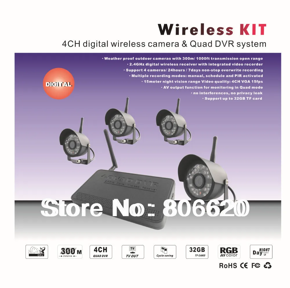 2.4Ghz Digital 4CH Wireless waterproof Camera & QUAD TFT LCD DVR System with 32Gb TF Card Supported